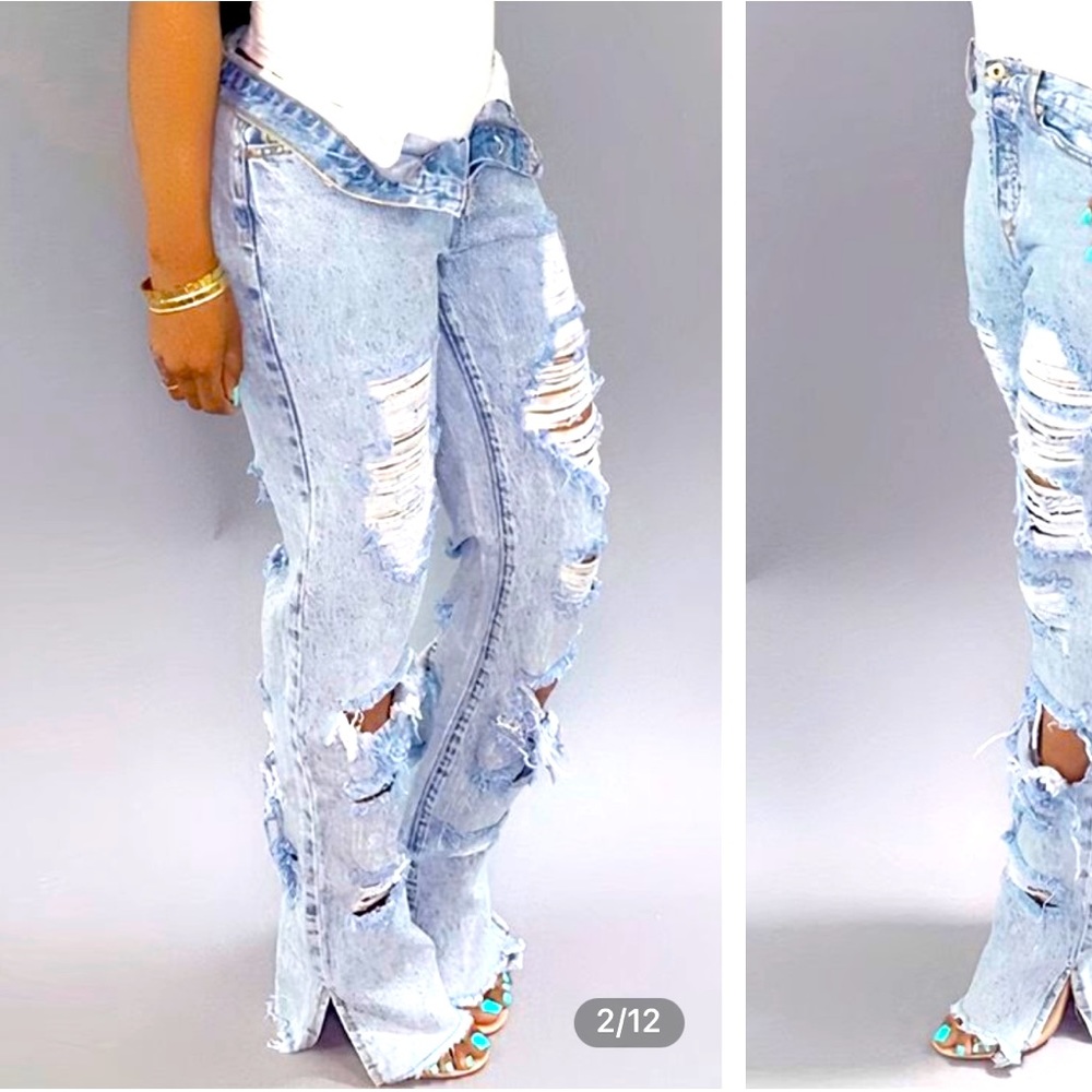 Distressed Frayed Split Hem Straight Leg Jeans
